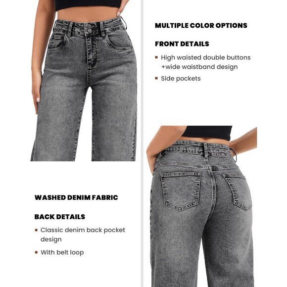 Women's Wide Leg Denim Jeans High Waist Baggy Stretchy Raw Hem Casual - Picture 3 of 6